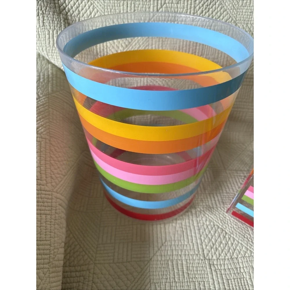 Clear Acrylic Rainbow Stripe Wastebasket Tissue Box Cover Bathroom Set